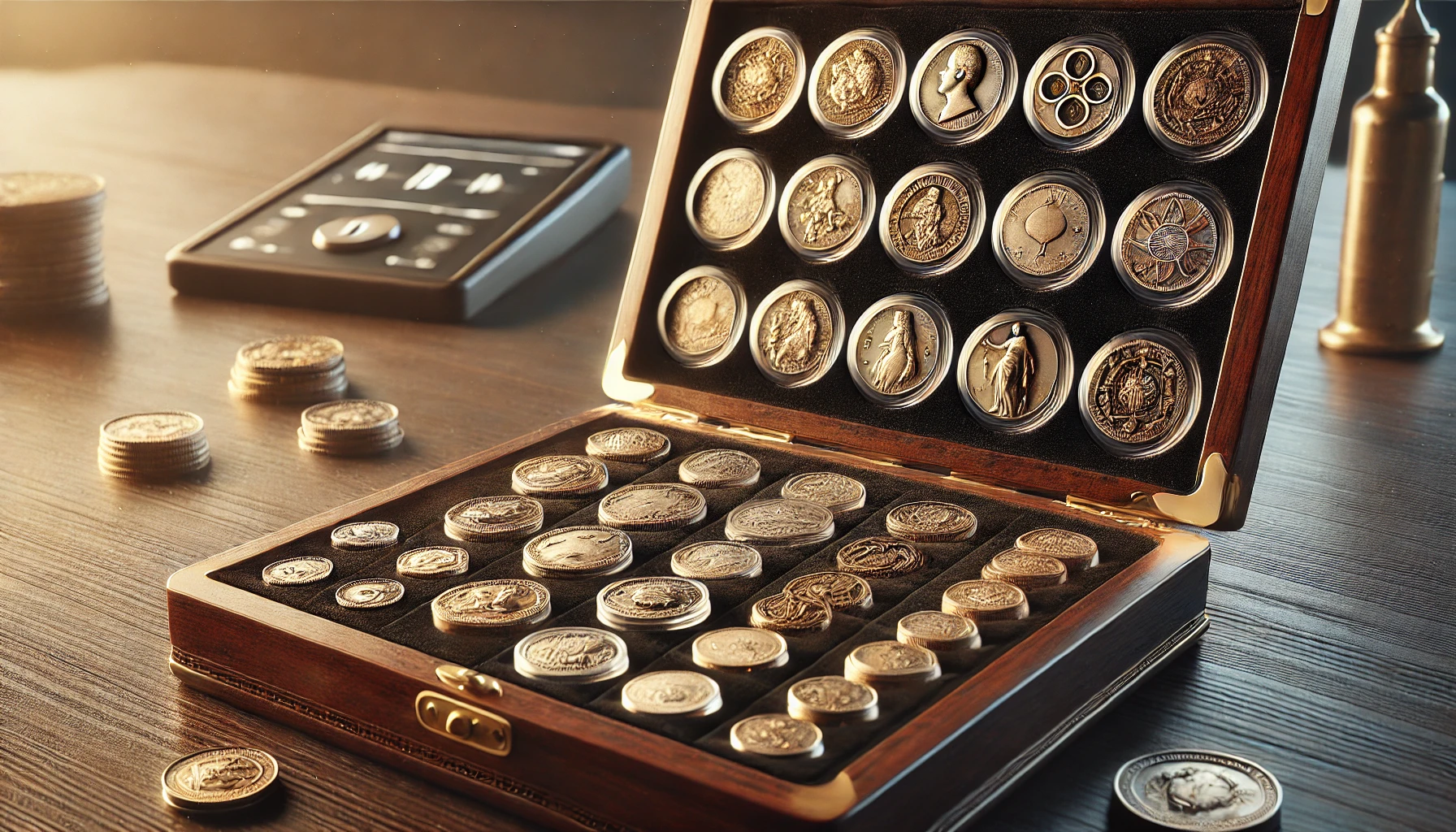 a coin collector's display, showcasing ancient and vintage coins in a luxurious wooden and velvet case.