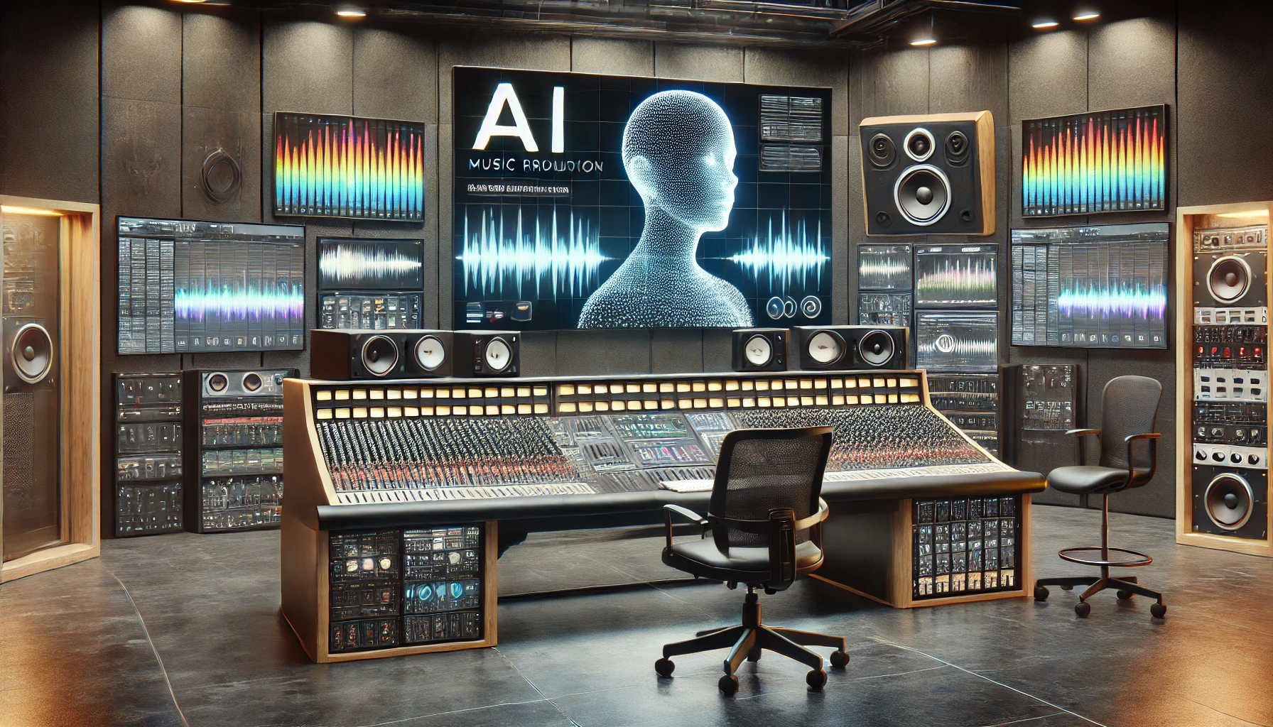 a modern music studio where AI technology is seamlessly integrated with music production.