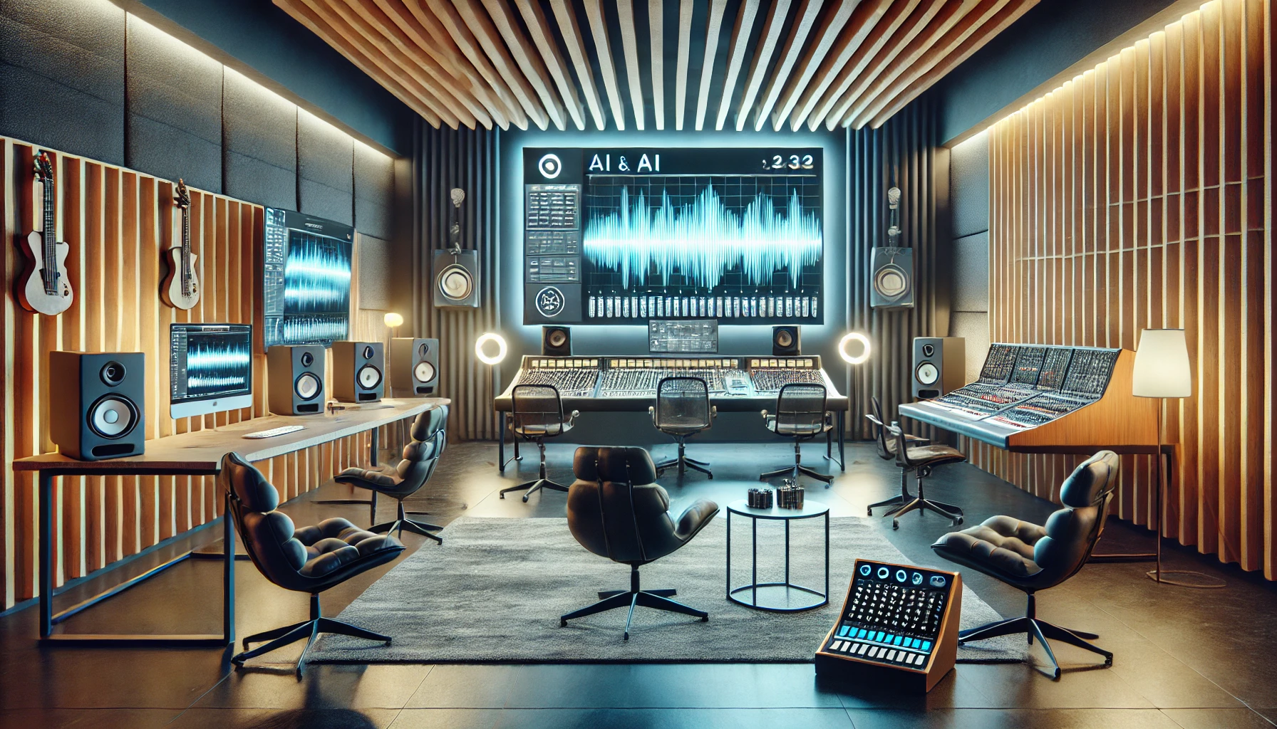 a modern, well-lit music studio with high-tech equipment and large screens displaying AI-generated music waveforms.
