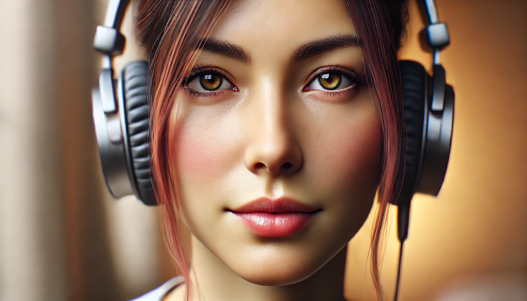 A woman with soft features wearing headphones, her face illuminated by warm, natural light, with a calm and content expression.