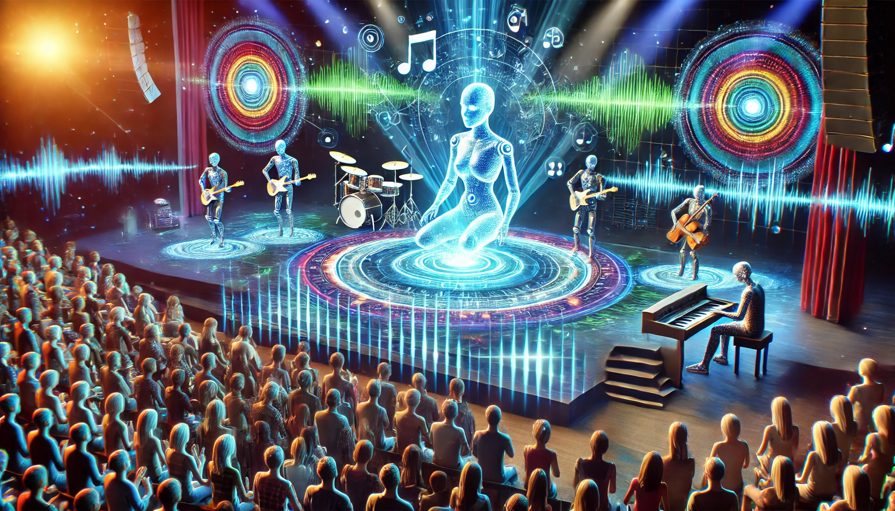 A vibrant concert stage where artificial intelligence is performing music live.