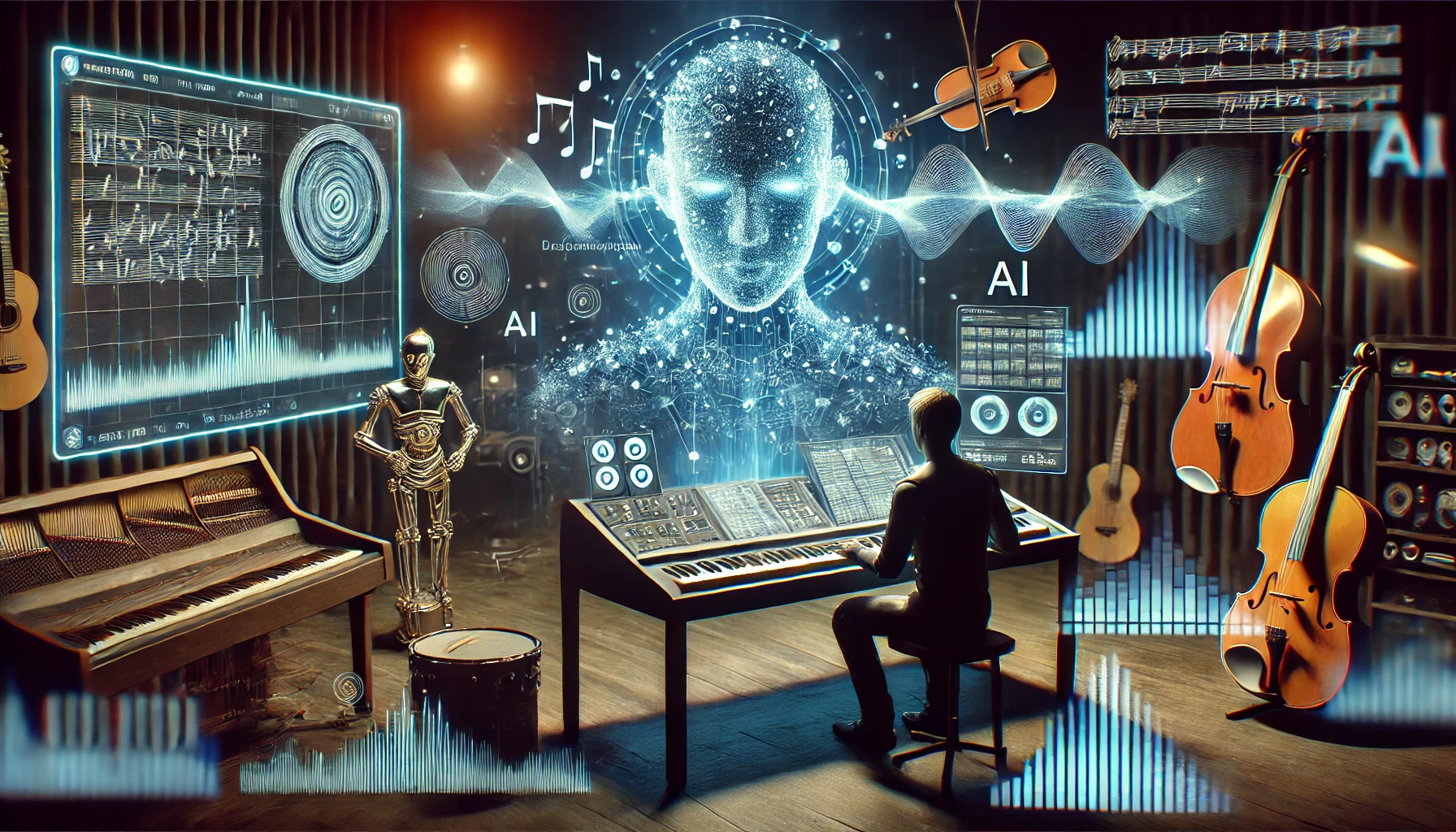 A futuristic music studio where AI is composing a complex piece of music with glowing digital interfaces, holographic soundwaves, and instruments.