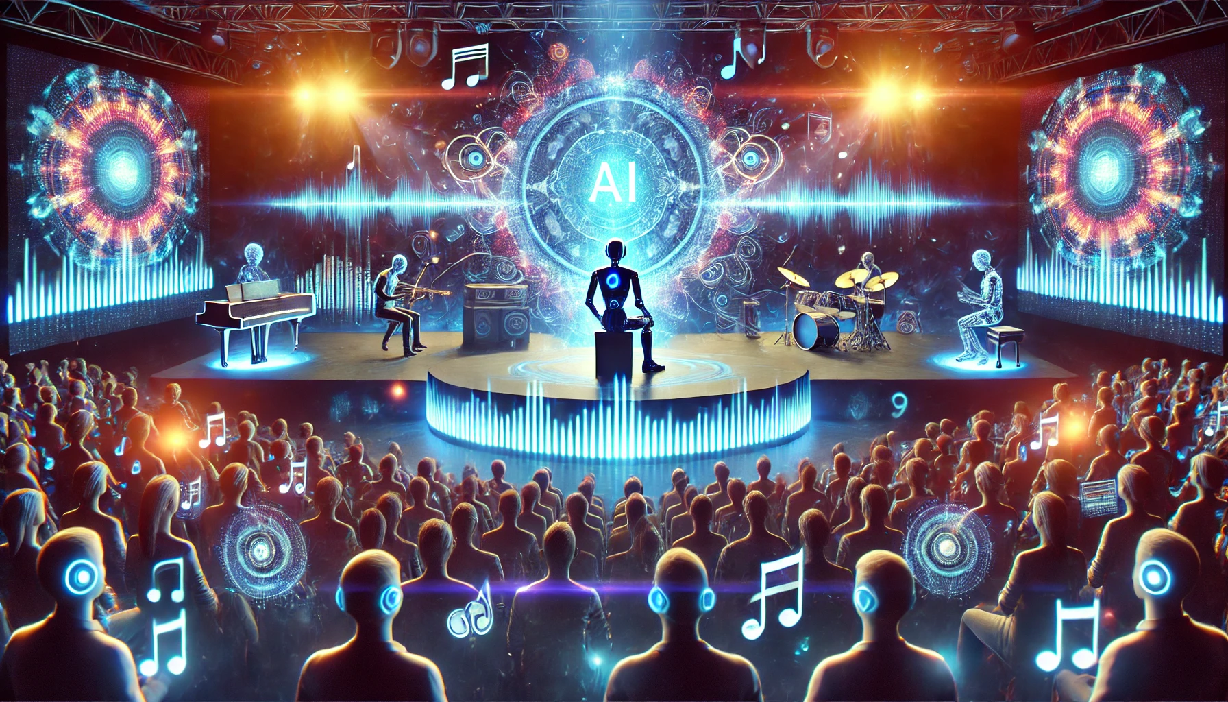 A futuristic concert where AI-generated music is being performed on stage, with glowing holographic instruments and digital soundwaves projected into the air.