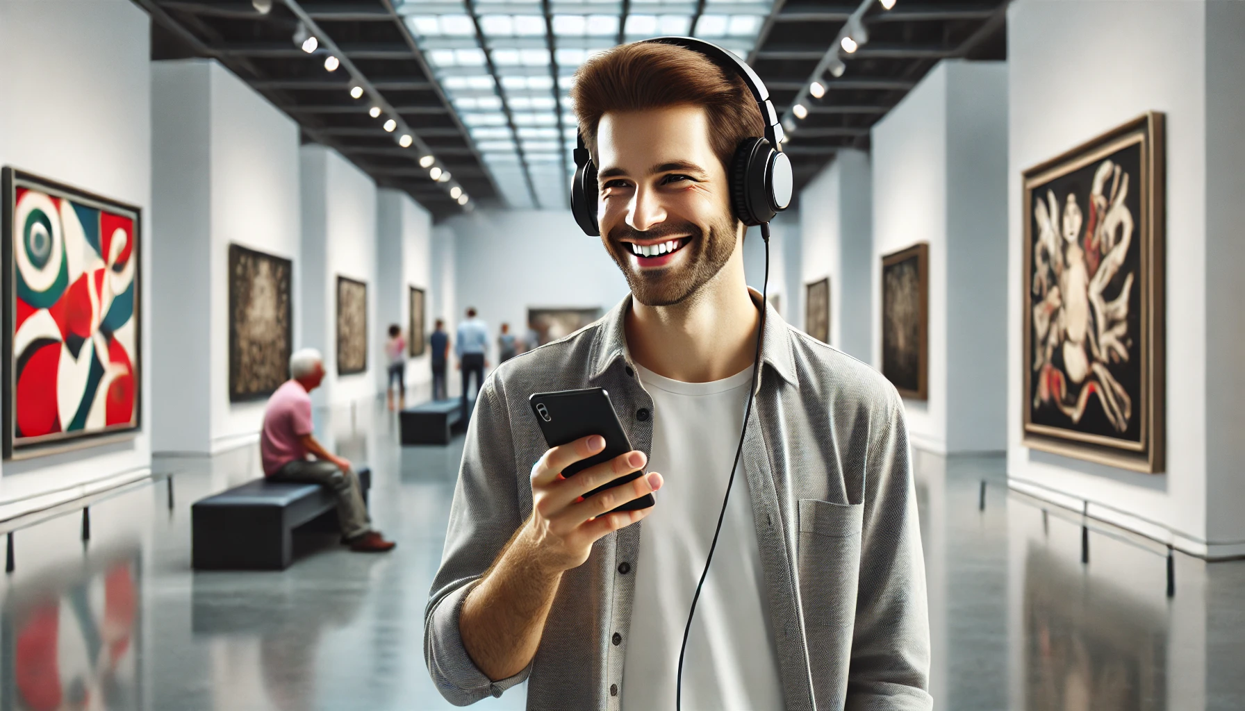 a smiling man in headphones using his phone while standing in a museum. The setting is a bright, contemporary art gallery with blurred art pieces in the background.