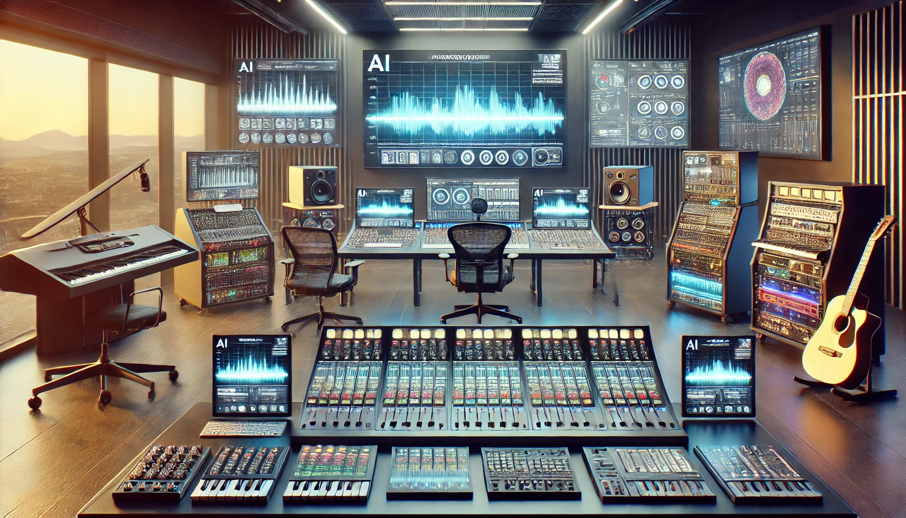 a modern music studio focused on AI-generated music production. This scene showcases advanced digital equipment and interfaces, combining traditional musical instruments with high-tech tools in a vibrant and futuristic setting.
