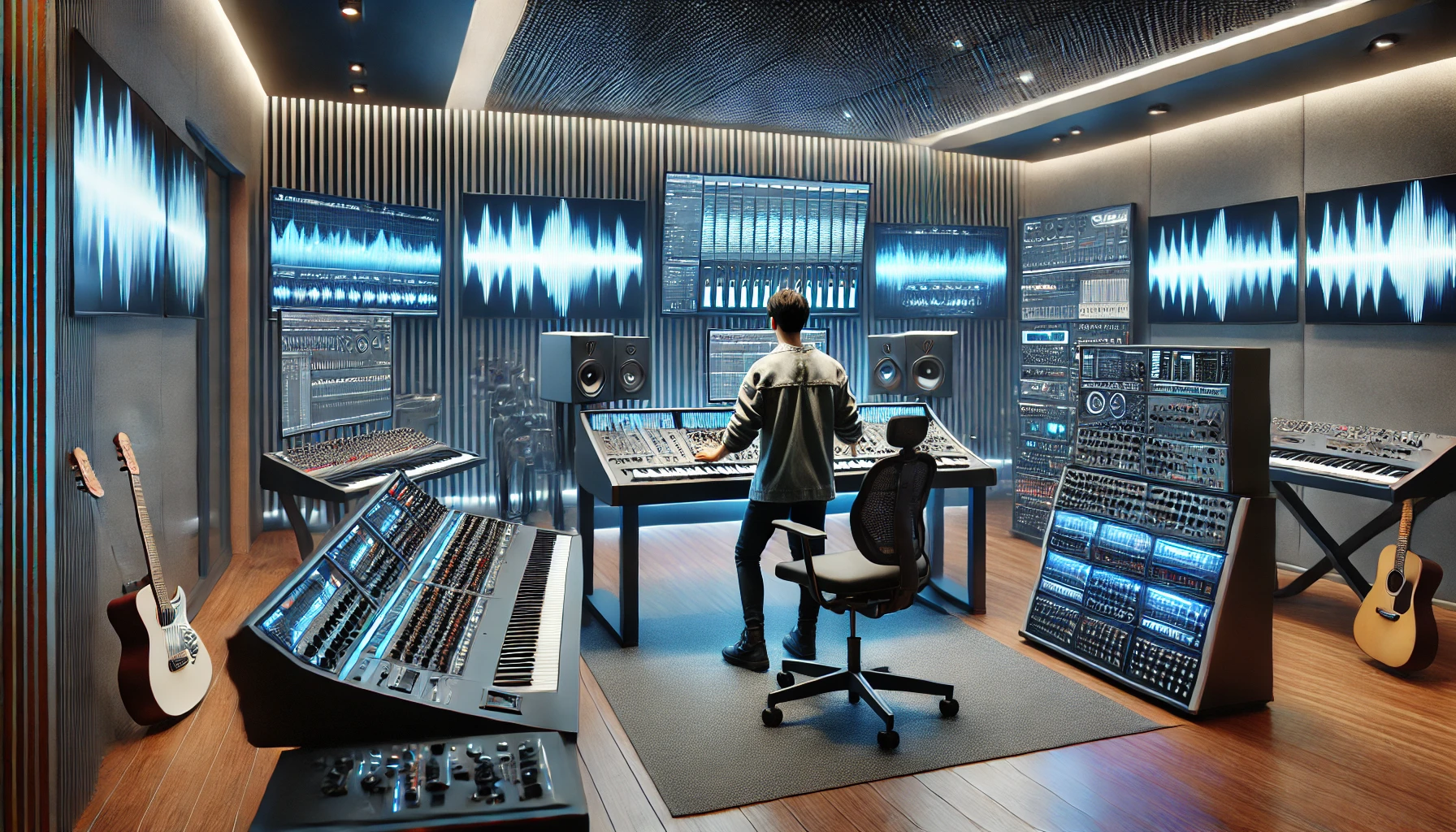 a modern music studio equipped for AI-generated music production, featuring a young South Asian male musician actively engaging with the equipment.