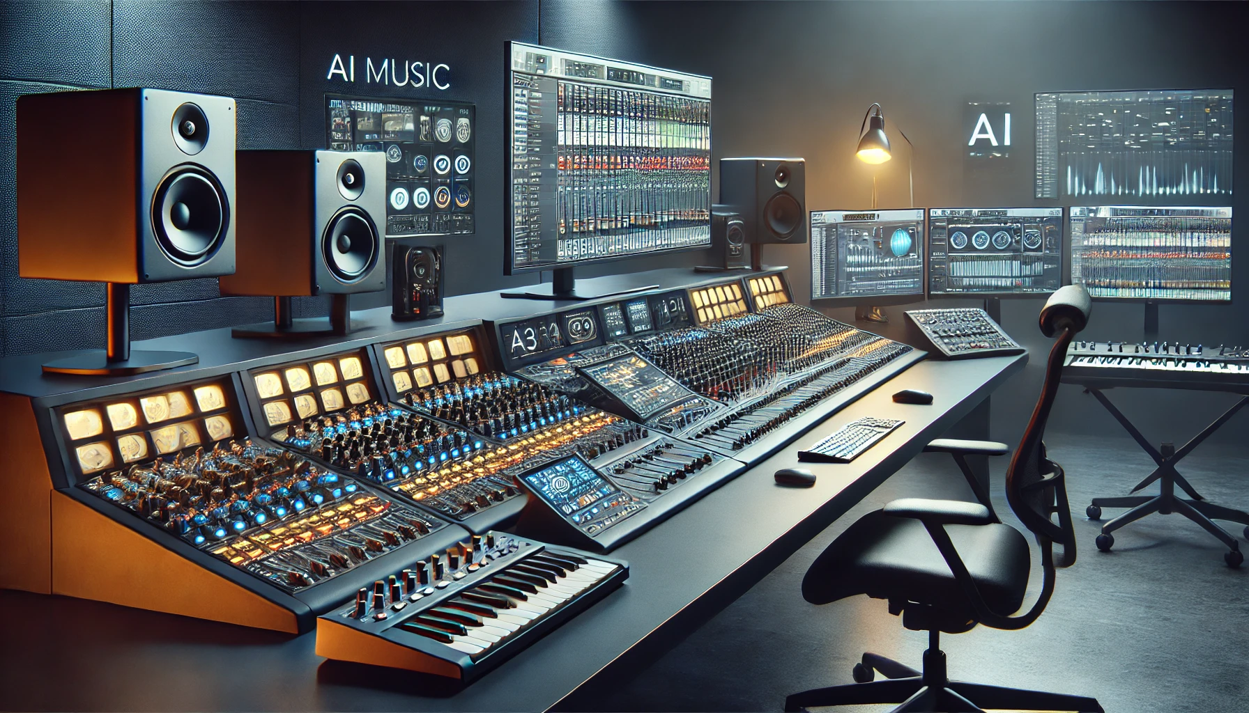 a modern music studio equipped with advanced technology for AI music production