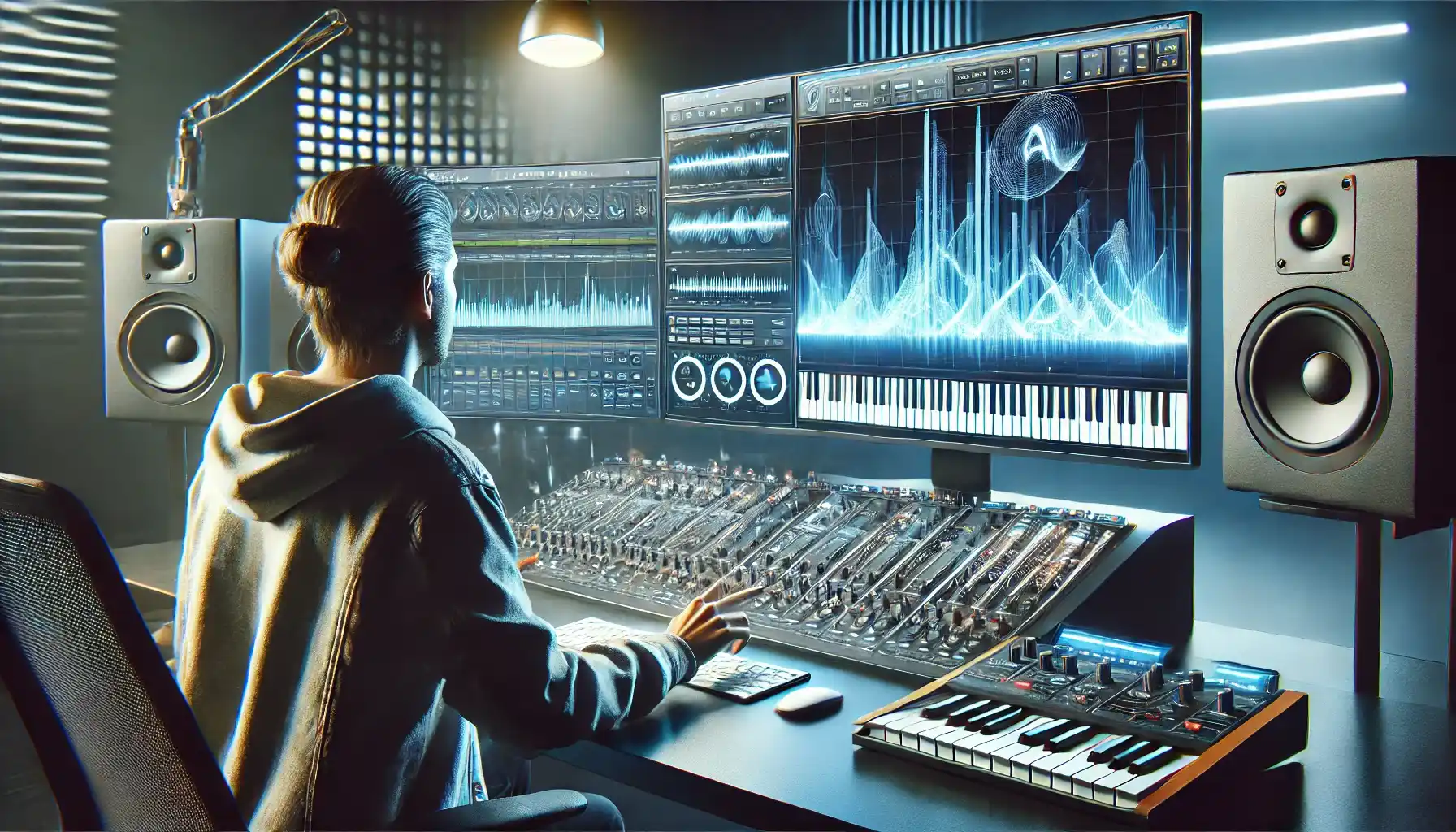 A music producer in a futuristic studio is using AI-powered software to generate melodies.