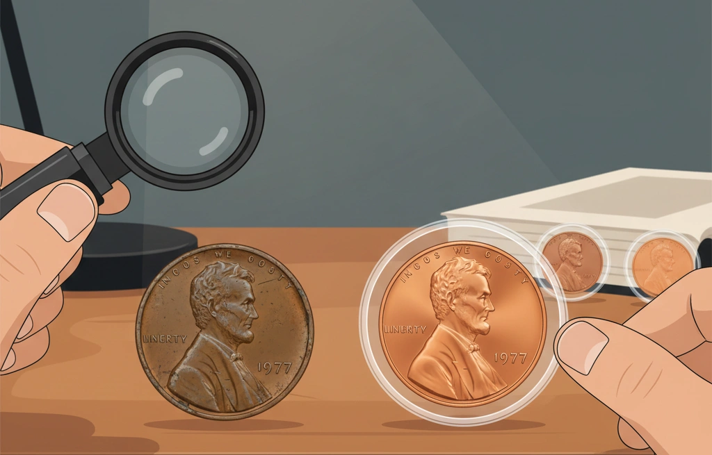 A desk scene with a scratched, circulated 1977 penny next to a pristine uncirculated 1977 Lincoln penny
